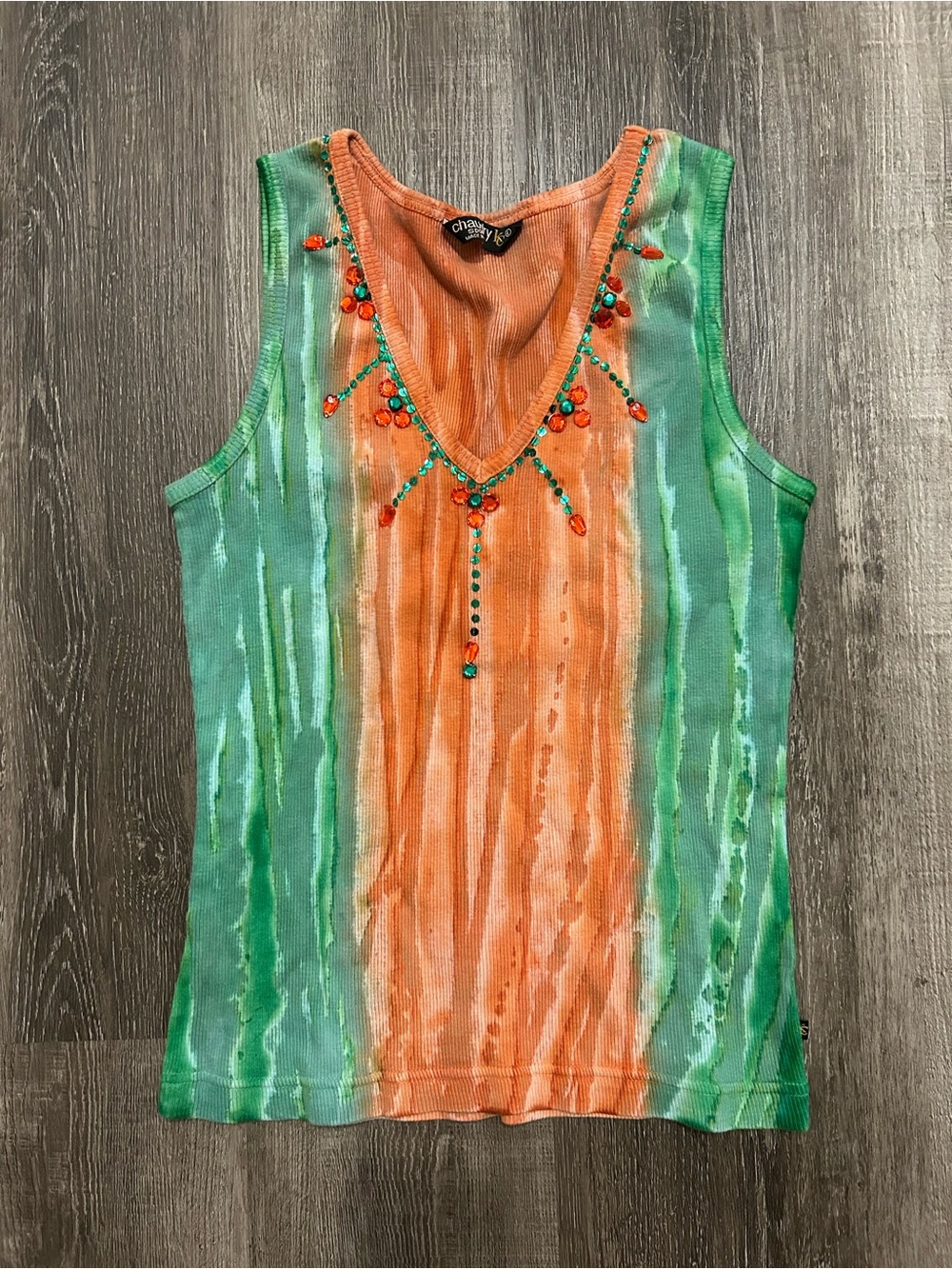 vintage chaudry sport ribbed cotton tie dye top with bedazzled design